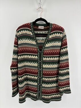 Vintage Wool Blend Fair Isle Cardigan Sweater Ornate Metal Clasp Buttons